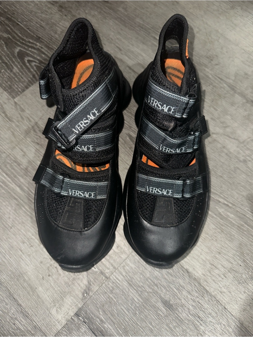 Versace Black Strappy Chunky Sport Sandals with Orange Accents - Picture 2 of 9
